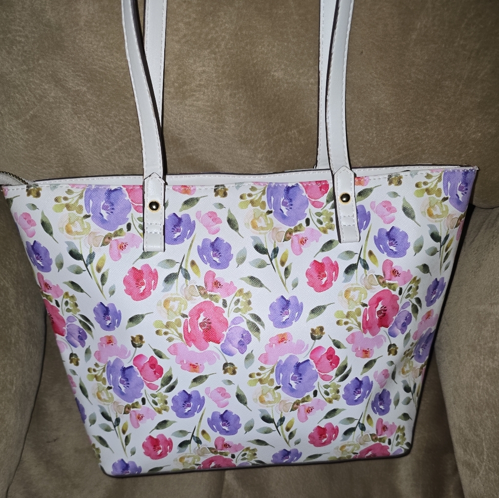 Nanette Lepora Floral Print White Tote Pink & Purple Blooms 11"x9.5" *Clean